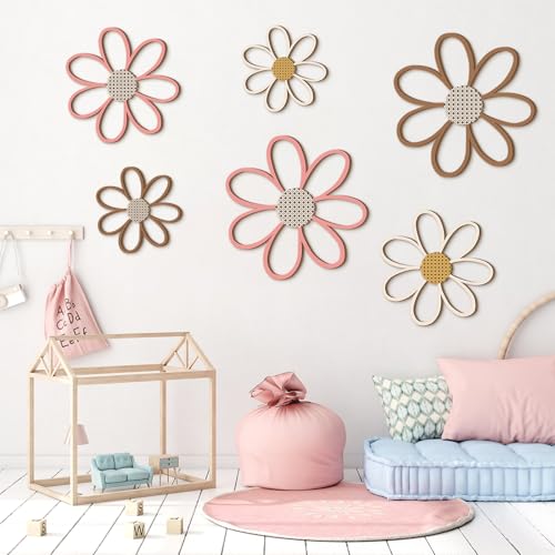 Thyle 6 Pcs Daisy Wall Decor Wooden Daisy Wall Sculptures Art Flowers Signs Hanging Plaque for Home Nursery Bedroom Farmhouse Bathroom Decorations Housewarming Gifts(Warm Color) - color: Warm Color