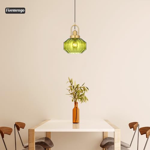 9in Mid Century Modern Pendant Light, Gold and Small Green Glass | Vintage Lighting Fixture Ceiling Hanging Lamp for Kitchen Island Foyer Dining Room Bedroom Entryway Hallway Over Sink Table - color: Green & Gold Hardwire, size: 9in
