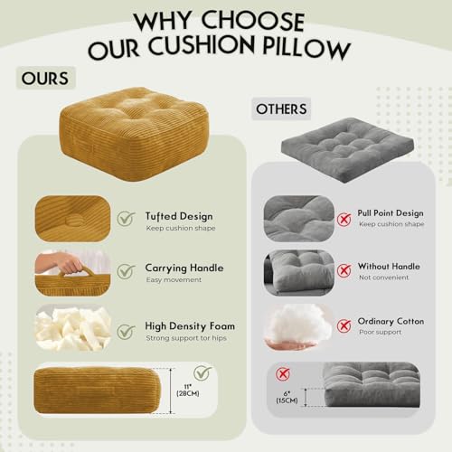 11" Thick Washable Floor Pillow for Adults, Yoga & Meditation Cushion with Handle, Square Large Pillows Seating with Removable Tufted Corduroy Cover for Tatami Living Room Board Games, Yellow - color: Yellow