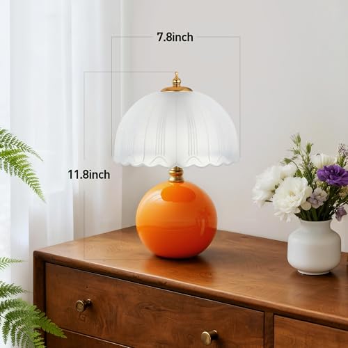 PARTPHONER Mushroom Table Lamp, Ceramic Bedside Lamp with Glass Shade, 3-Way Lighting (2700K-5000K) Rocker Switch, Small Nightstand Lamp for Bedroom, Living Room, Office, Orange - color: Orange