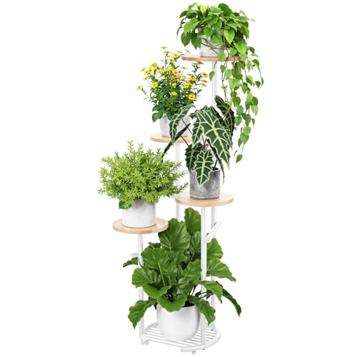 TOSKING 5-Tier Thickened Metal Plant Stand, Anti-Tip Round Base for Pots, Child & Pet Friendly, Corner Shelf Flower Pot for Multiple Plants, Indoor Outdoor Use for Living Room Balcony Patio Garden (White and Wood, 42in) - color: White and Wood, size: 5tie