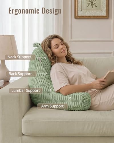 Blissful Diary Reading Pillow, Large Backrest Pillow with Shredded Memory Foam for Adult & Children, Designed for Bed and Couch Sitting Up, Includes Arms, Pockets and Washable Cover, Sage Green - color: Textured Sage Green, size: Large(20inch)