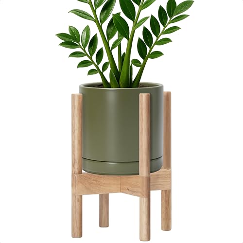 D'vine Dev Ceramic Planter with Natural Stand - 8 Inch Modern Round Flower Pot with Wood Planter Holder, Olive, 55-B-N-J - color: Olive Pot + Natural Stand, size: 8 Inch