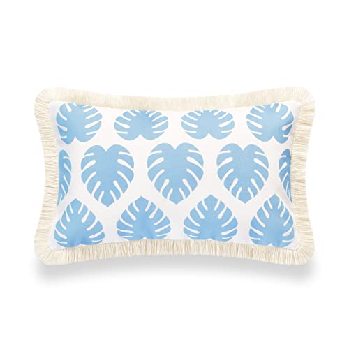 Hofdeco Premium Coastal Hampton Style Patio Indoor Outdoor Lumbar Pillow Cover Only, 12"x20" Water Resistant for Backyard, Couch, Baby Blue Monstera Leaf Fringe - color: Baby Blue Monstera Leaf, size: 12"x20" (Pack of 1)