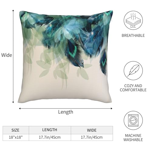 Watercolor Peacock Feather Pillow Covers 18 x 18 Set of 2 Green and Teal Throw Pillow Cover Vintage Decorative Pillowcases Farmhouse Home Decor for Couch Bed Sofa Outdoor - color: Peacock Feather