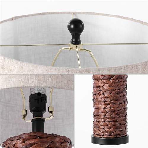 JONATHAN Y 25" Dark Brown Coastal Water Hyacinth Table Lamp Set of 2, Bedside Lamp with Light Grey Linen Shade, Boho Farmhouse Decor for Living Room Nightstand, LED Bulbs (JYL6502B-SET2) - color: Dark Brown