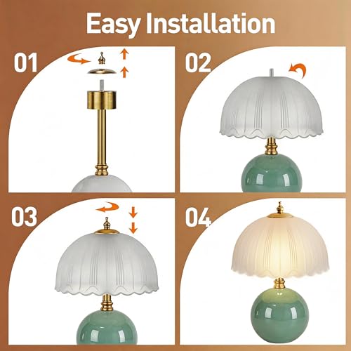 PARTPHONER Mushroom Table Lamp, Ceramic Bedside Lamp with Glass Shade, 3-Way Lighting (2700K-5000K) Rocker Switch, Small Nightstand Lamp for Bedroom, Living Room, Office, Green - color: Green