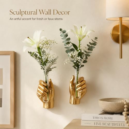 2Pcs Wall Hand Vase,Vintage Art Decor,Life-Size Hand Sculpture with Glass Test Tube Vase,Unique Wall Art Statue for Indoor or Outdoor,Maximalist Boho Whimsical Decor,for Women (2, Gold) - color: Gold