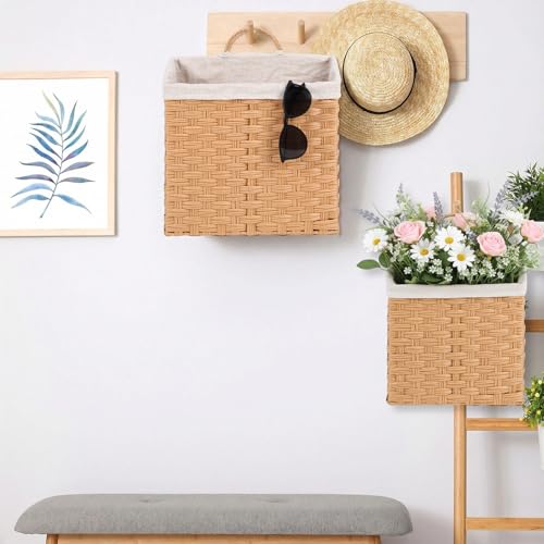 Novabright Set of 2 Wicker Hanging Basket Woven Wall Baskets with Handles Liners for Front Door Organizing Mail Flowers Wall Storage Basket for Farmhouse Home Decor Kitchen Bathroom Toilet Tank Top - style: European Style