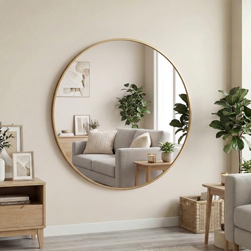 OLIXIS 24 Inch Gold Round Bathroom Wall Mirror, Round Bathroom Mirrors for Over Sink, Circle Mirror with Tempered Glass for Home Decor, Entryway, Bedroom, Vanity, Shatterproof& Crystal-Clear - color: Gold-round, size: 24"L x 24"W