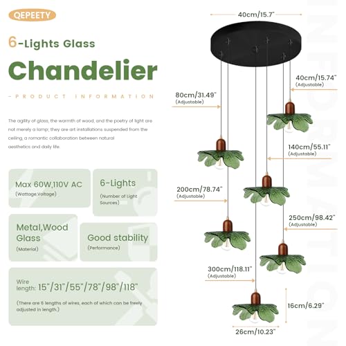 Long Chandelier for High Ceilings Flower Pendant Light 6-Lights Modern Black Chandelier Green Hanging Flush Mount Lighting Fixtures for Spiral Staircase Foyer Entryway Living - color: Green, 6 Lights