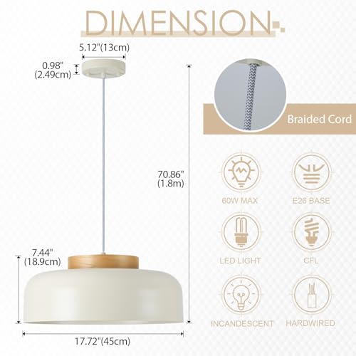 Modern Large Pendant Light, 17.7 inch,Cream Lampshade,Natural Wood,Simple Chandelier for Dining Room,Kitchen Table