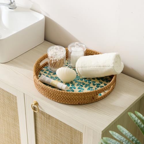 YANGQIHOME Round Rattan Tray with Handle, Mother of Pearl Inlay Decorative Wicker Basket for Coffee, Bread, Fruits, Serving Tray for Home Decor, Blue Clover - color: Blue Clover, size: 13.8"