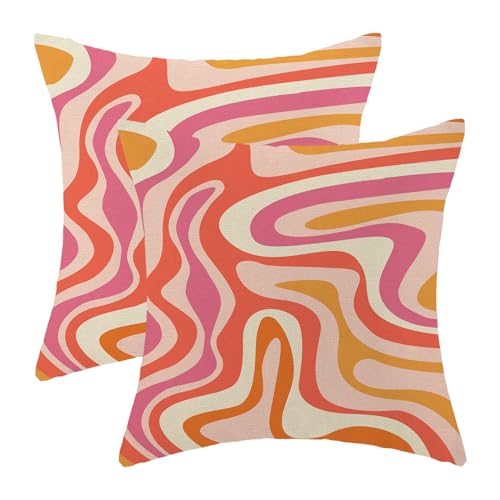 Boho Pillow Covers 18x18 Pack of 2 Retro Orange Pink Yellow Throw Pillow Covers Colorful Decorative Pillowcase Modern Abstract Aesthetic Linen Cushion Case for Sofa Couch Outdoor Decor - color: Abstract Colorful Stripe, size: 18" x 18" (Pack of 2)