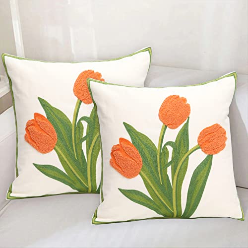 Pack of 2 Embroidered Decorative Throw Pillow Cover 18x18 Inch Farmhouse Floral Pillowcase for Living Room Sofa Bed (Orange Tulip) - color: Orange Tulip