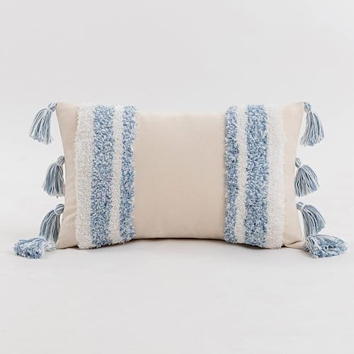 Boho Tufted Throw Pillow with Tassels, Country Thick Striped Style Soft Cushion Cover Decor wuth Zipper for Chair Bed Couch Living Room (Light Blue,12" x 20") - color: Light Blue, size: 12" x 20"