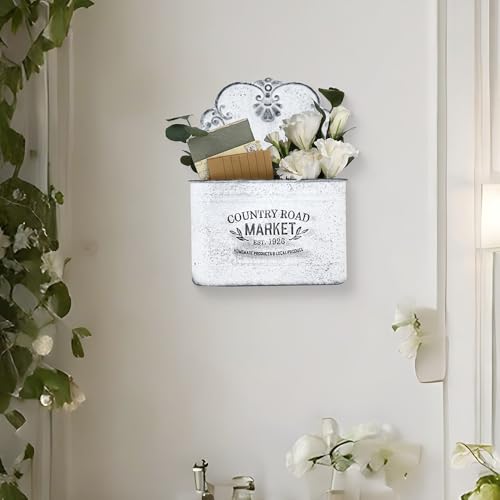 Hanging Storage Baskets Metal Wall Baskets for Mail, Files, Books & Accessories, Wall-Mounted Organizer for Entryway, Kitchen, Office, French Farmhouse Decor（White） - color: White