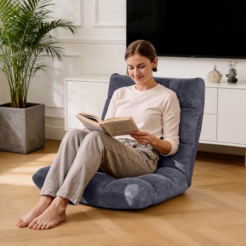 Folding Floor Chair 14-Position Cushioned Adjustable Floor Lazy Sofa Chair w/Breathable Cotton & Skin-Friendly Coral Velve for Adults & Kids Ideal for Reading Meditating，Grey - color: Grey