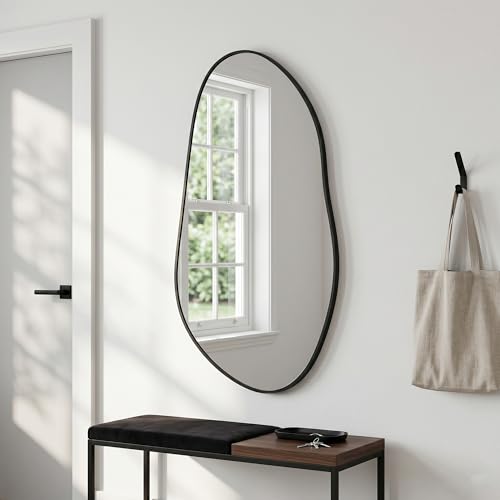 Irregular Wall Mirror 32" x 16.5", Asymmetrical Black Bathroom Vanity Mirror with Matte Aluminum Frame and Tempered Glass, Organic Shape Decor for Entryway and Bedroom - color: Black, size: 32"L x 16.5"W