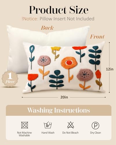Embroidered Lumbar Pillow Cover - 20x12 Decorative Pillow Cover with Zipper Aesthetic Cute Design Boho Spring Summer Cozy Throw Pillowcase for Living Room Couch Sofa Bed, Plants - color: Plants, size: 20" x 12" (Pack of 1)