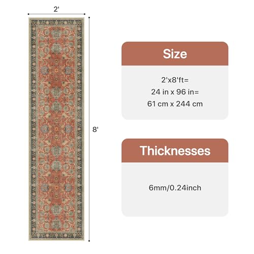Bavni 2x8 Washable Runner Rug Non Slip, Vintage Distressed Accent Hallway Runner, Low Pile Coral Red Blue Carpet Stain Resistant, Kitchen Runner Floral Rugs for Entryway, Bedroom, Laundry, Nursery - color: Coral Blue, size: 2' x 8' (Rectangular)
