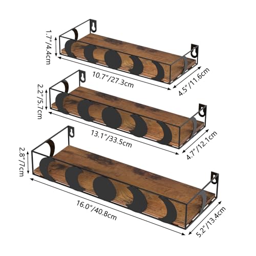 PHAREGE Black and Brown Floating Wall Shelves, Set of 3 Moon Phase Decorative Small Shelves for Bedroom Kid Room, Display Shelf for Crystal Collectibles Figurine - color: Black Brown