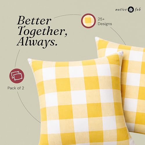 Native Fab Premium Throw Pillow Covers 2 Pack, 20x20 Inches, 100% Cotton, Vibrant Buffalo Plaid, Summer Check Cushion Cases, Bright Farmhouse Decor for Living Room, Outdoor, Lemon Yellow & White - color: Buffalo Lemon Yellow, size: 20" x 20" (Pack of 2)