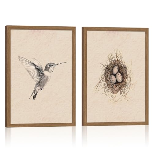 2pcs Retro Framed Canvas Prints - Hummingbird Bird Nest Wall Art Hummingbird Sketch Oil Painting Stunning Nature Wall Art For Living Room, Bedroom, Office Decor 12x16in - color: Hummingbirds return to their nests, size: 12x16in
