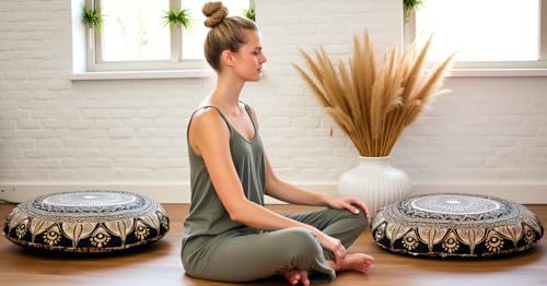 Round Mandala Floor Pillow Cover Seating Cushion Throw Cover Hippie Decorative Bohemian Ottoman Pouf Cover, Pom Pom Pillow Cases,Boho Indian 32 Inches Black Golden - color: Golden, size: 32" Round