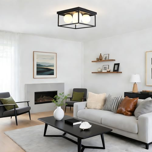 Flush Mount Ceiling Light, 12.6” Close to Ceiling Light Fixtures with Globe Glass Shade, 4-Light Black Ceiling Light Fixture for Bedroom Kitchen Hallway Living Room Dining Room Entryway - color: 4 Light Black