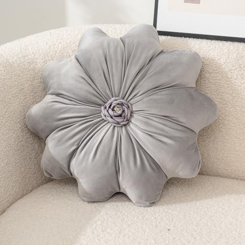 15.7 Inches Round Throw Pillows Velvet Flower Chair Cushion for Couch Sofa Chair Bed Home Decoration - color: Grey