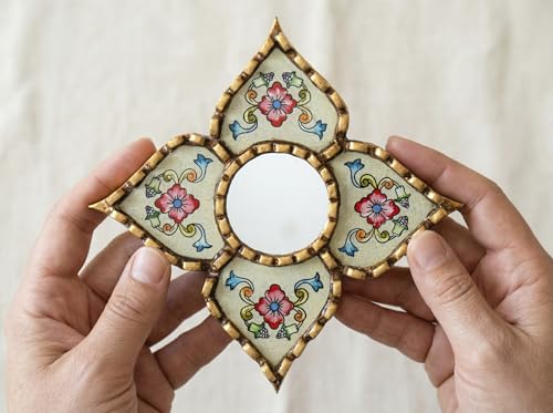 Peruvian Mirrors Diamond Shaped Painted Glass Bronze Beige | Small artisan mirror, luxury wall decor accents, unique wedding gifts, meticulously handcrafted by UNESCO awarded artist. - color: Beige