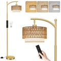 Ambimall Arc Floor Lamp for Living Room with Remote, Color Temperature & Brightness Adjustable, Boho Standing Lamp with Rattan & Fabric Double Drum Shades, Bulb Included(Gold) - color: Gold Rustic