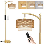 Ambimall Arc Floor Lamp for Living Room with Remote, Color Temperature & Brightness Adjustable, Boho Standing Lamp with Rattan & Fabric Double Drum Shades, Bulb Included(Gold) - color: Gold Rustic