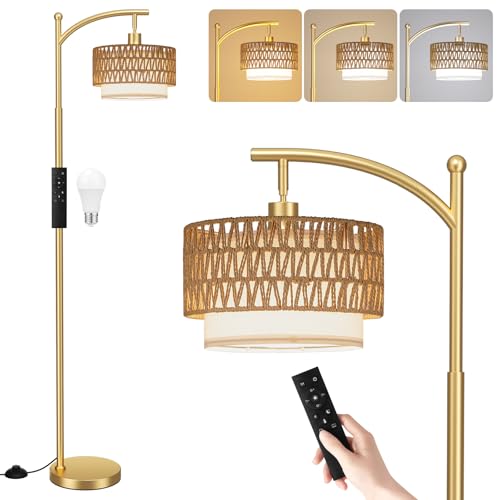Ambimall Arc Floor Lamp for Living Room with Remote, Color Temperature & Brightness Adjustable, Boho Standing Lamp with Rattan & Fabric Double Drum Shades, Bulb Included(Gold) - color: Gold Rustic