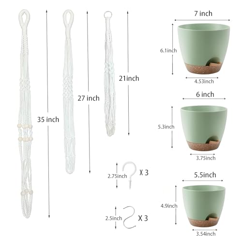 Hanging Planters with Macrame Plant Hangers for Indoor Outdoor Plants, 3 Set Hanging Baskets Flower Pots Holders 35''/27''/21'', Self-Watering Pots 7''/6''/5.5'', Boho Home Decor, Green - color: Green