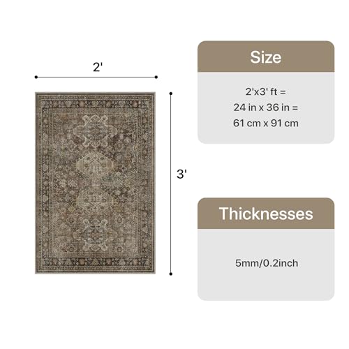Bavni Washable Entry Rug 2x3, Machine Washable Non Slip Door Mat Rugs for Entryway Kitchen Bathroom Rug, Vintage Print Low Pile Small Indoor Carpet for Front Door Hallway Laundry Brown - color: Brown, size: 2' x 3' (Rectangular)