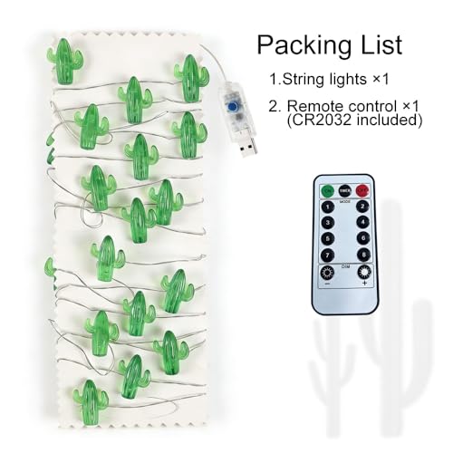 Starryfill Tropical Themed Small Cactus USB-Plugin String Lights 0.8"(H) 40 LED with Remote Control and Timer On 13.85ft Copper Wire Warm White Waterproof Warm White for Decorations - color: Cactus USB