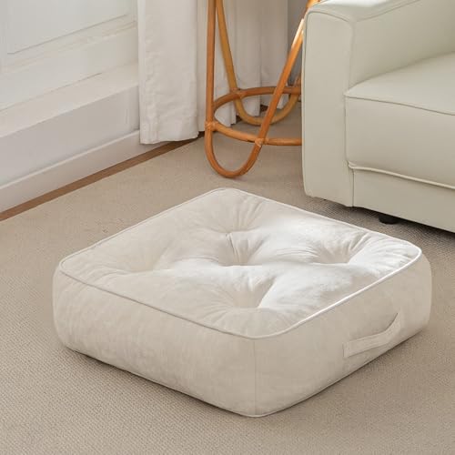 HIGOGOGO 6" Extra Thick Floor Pillow Cushion for Adults, Meditation Cushion Pillow with Handle, Lustrous Chenille Tufted, Square Floor Sitting for Tatami Living Room or Yoga, 22x22 Inch, Beige - color: Square Beige, size: 6" Thick(Pack of 1)