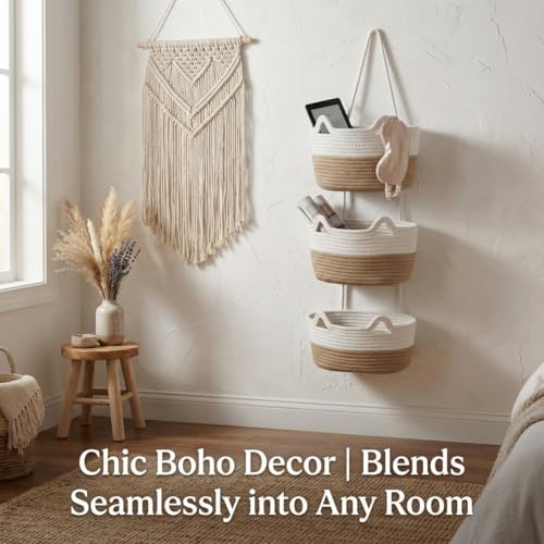 Hanging Wall Basket, Over the Door Hanging Basket with Hooks, Decorative Hanging Basket for Wall, Door, Nursery, Living Room, Bathroom, Cat-Like Design for Boho Decor, White & Jute - color: White&Honey