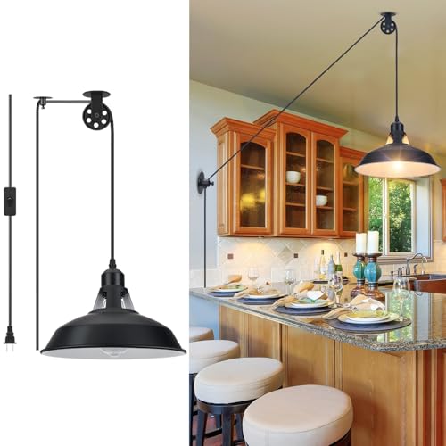 Lomoky Plug in Pulley Pendant Light with 14.76ft Cord On/Off Switch, Industrial Barn Black Hanging Lights with Plug in Cord, Pulley Wall Pendant Lamp for Kitchen Island, Pool Table, Bedroom, 1 Pack - color: Black, size: ‎1 Pack