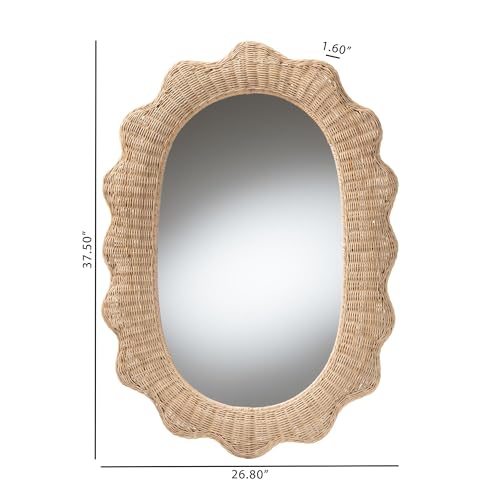 Bali & pari Makoto Scalloped Natural Rattan Wall Mirror - Handwoven Wicker Oval Frame, Boho Coastal Accent Wall Decor for Entryway, Bedroom, or Living Room