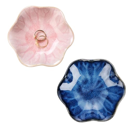 JAMEND CLXP 2PCS Lotus Leaf Shape Ring Holder Dish, Small Key Bowl, Ceramic Trinket Tray Jewelry Dish Organizing Necklace Earrings for Mom Friend Sister, All Jewelries Are NOT Included. Blue+Pink.… - color: Blue+Pink