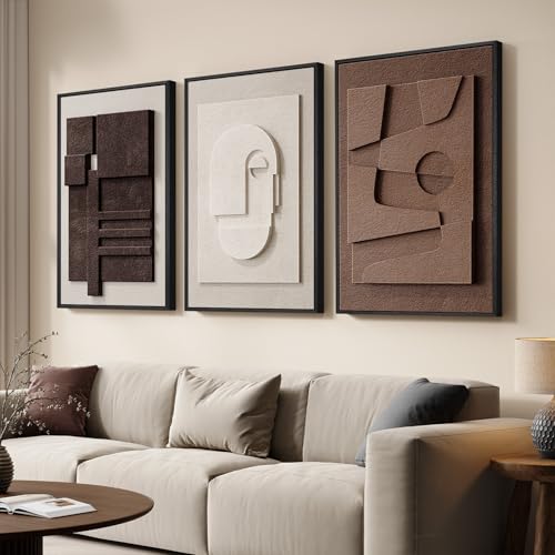 3D Textured Framed Neutral Abstract Wall Art for Bedroom, 3 Piece Modern Artwork for Walls, Minimalist White and Brown Geometric Wall Paintings for Living Room, Dining Room, Lounge Wall Decor 16x24 In - color: Brown White, size: 16"w X 24"h X 3pcs
