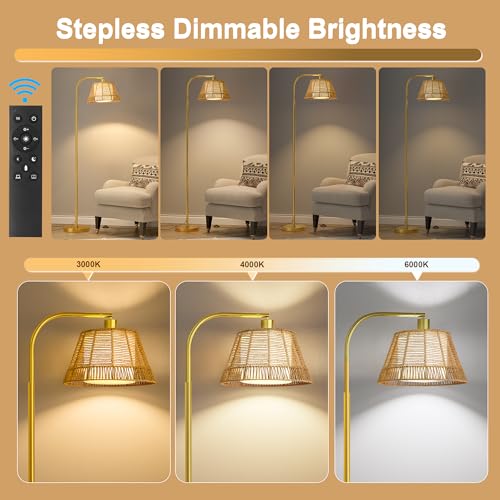 Oneach Arc Floor Lamp for Living Room with 3 Color Temperatures, Farmhouse Floor Lamps with Remote & Dimmable Bulb, Rattan Boho Floor Lamp with Hand-Woven Wicker & Fabric Shade - color: Modern Gold