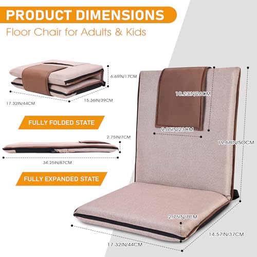 Floor Chair with Back Support 14-Position Adjustable Floor Chair Portable Ground Seating for Adults & Kids Foldable Meditation Seat with Japanese KOYO Bearings & Washable Linen Cover (Coffee) - color: Coffee & Brown, style: Regular