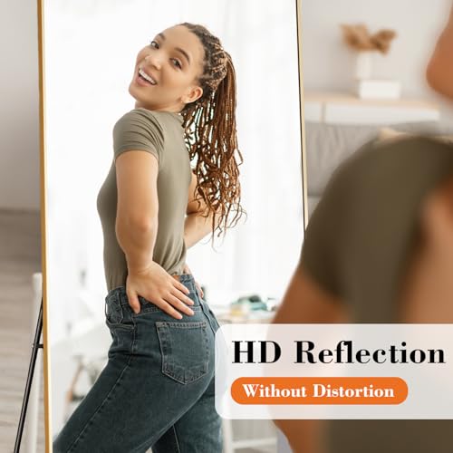 DUMOS Full Length Mirror with Stand 24"x65" Floor Standing Aluminum Frame for Bedroom Body Hanging Leaning Modern Simple Home Decor Shatter-proorf Nano Glass Wall Living Room Cloakroom, Gold - color: Gold-rect Edge, size: 65"L x 24"W