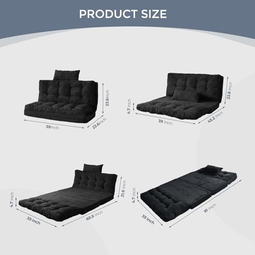 MAXYOYO Folding Sofa Bed, Tufted Bean Bag Bed with Pillows Floor Couch for Adults, Extra Thick and Long Floor Sofa, Twin Couch for Bedroom Living Room, Black, 39x91 Inch - color: Black, size: Tufted Twin