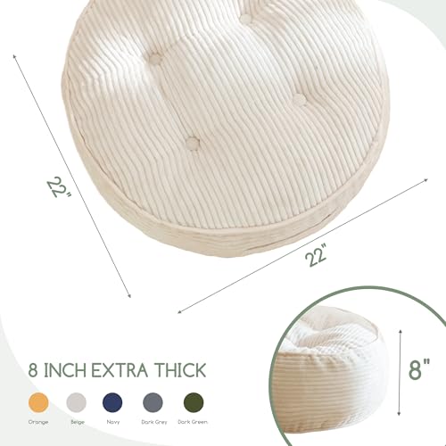 HIGOGOGO 8" Extra Thick Floor Pillow Cushion for Adults, Meditation Cushion Pillow, Large Round Floor Sitting, Tufted Corduroy Cover, for Tatami Living Room or Yoga, 22x22 Inch, Beige - color: Round Beige, size: 8" Thick(Pack of 1)