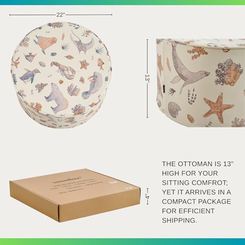 Large 22" Sturdy Sitting Pouf Ottoman Pouf Sealife Design for Kids Toddler Playroom, Bedroom, Nursery with Foam Filling as Seating, Footrest, Side Table Nautical Home Décor PU Leather (Cream Multi) - color: Cream Multi